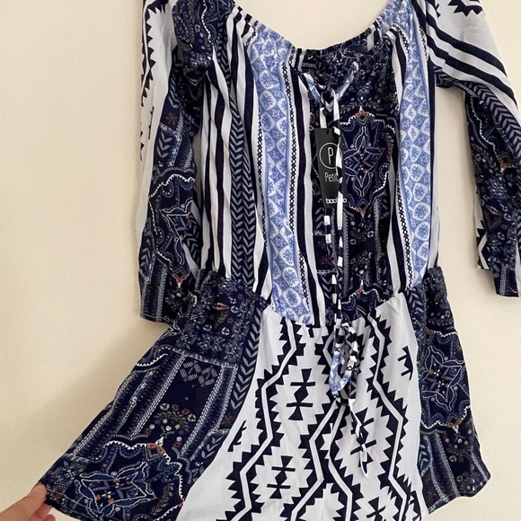 Boohoo Mix Patterned Abstract Off Shoulder Romper Playsuit Blue - Picture 5 of 10